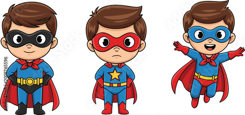 Photos Cute superhero boy characters in different poses with masks and capes in cartoon