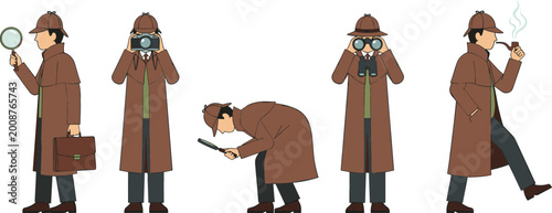 Fényképezés Detective character set with magnifying glass camera binoculars and pipe classic
