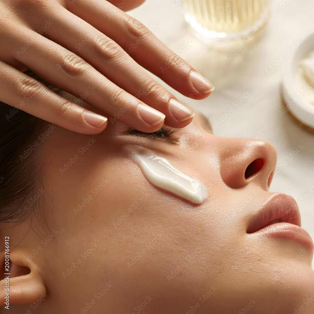 Fototapeta premium Close-up of a hand applying eye cream to a woman's face with beauty routine