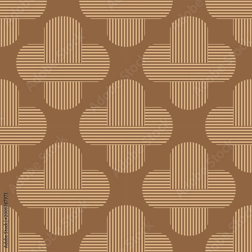 Retro geometric seamless pattern with brown and beige striped rounded cross shapes for mid-century modern design