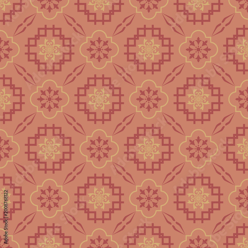 Terracotta and gold intricate traditional geometric seamless pattern with floral center motifs for luxury backgrounds