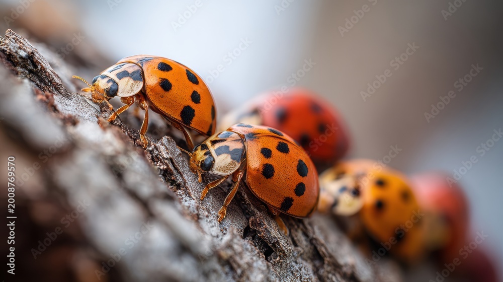 Fototapeta premium Close-up view of several ladybugs with distinctive black spots crawling on a textured tree bark surface in a natural outdoor setting