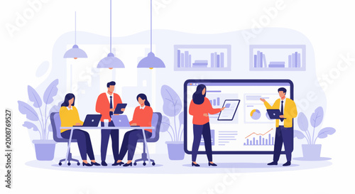 People collaborating in an office setting, presenting data on a large screen