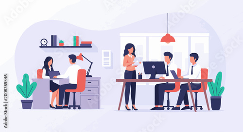 People collaborating in modern office spaces, working at desks with computers