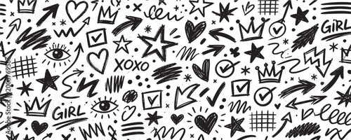 Schilderij op canvas Seamless pattern with hand drawn doodle elements including hearts, stars, crowns, arrows, eyes, and check marks