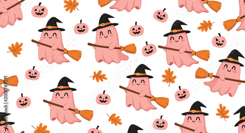 Foto Seamless Halloween pattern with cute ghost witches flying on broomsticks with pu