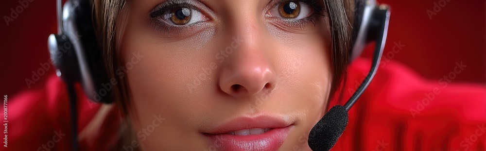 Obraz premium Close-up portrait of a friendly woman wearing a headset, ready to assist with customer service