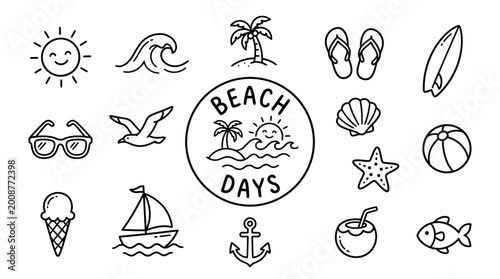 Schilderij op canvas Beach Days Summer Vacation Icons Set.