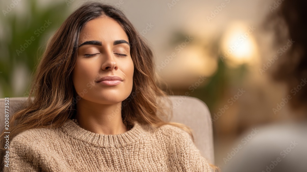 Obraz premium Young woman in cozy sweater meditating peacefully with eyes closed on comfortable armchair, seeking inner calm and relaxation
