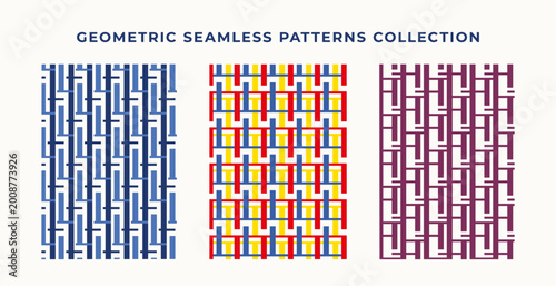 Collection of three geometric seamless vector patterns with interlaced lines