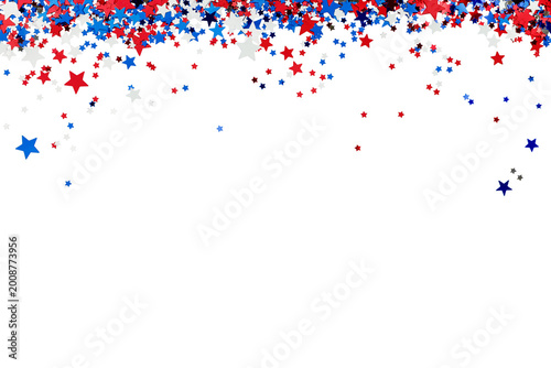 American patriotic star confetti in red, white, blue and silver colors, isolated on white background. Festive design element for Independence Day, Fourth of July, national holiday, election, celebrati