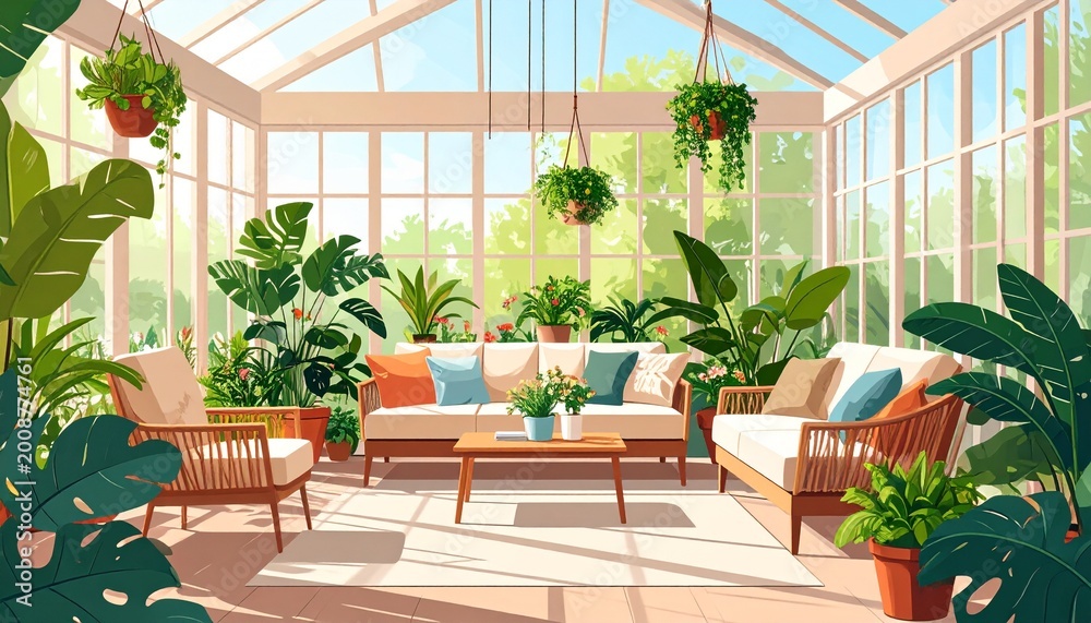 Fototapeta premium Bright and Airy Greenhouse Interior with Lush Tropical Plants.