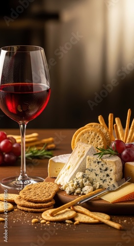 A glass of red wine served with a delicious platter of assorted cheese and crunchy crackers on a rustic wooden table in a warm cozy setting