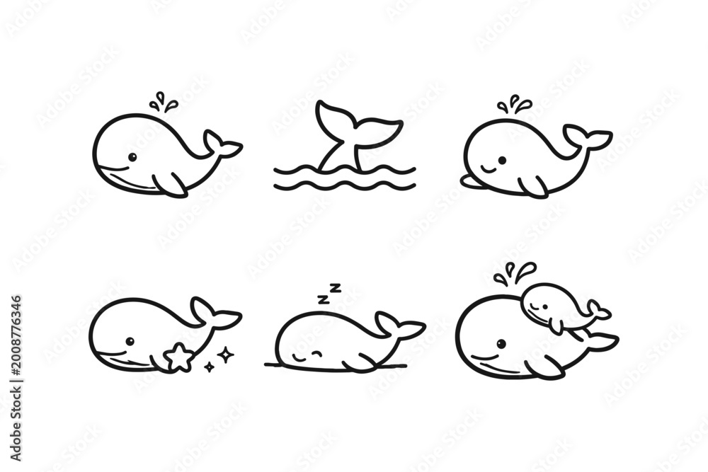 Fototapeta premium Cute whale illustrations in a simple line art style for various uses