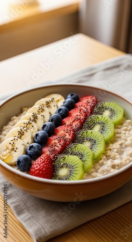 Healthy oatmeal bowl with fresh sliced kiwi strawberries and blueberries on a rustic wooden table for a nutritious morning breakfast meal