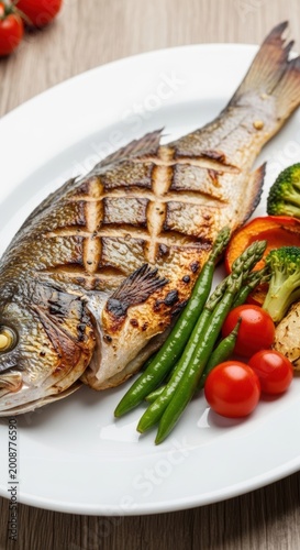 Grilled whole fish served with fresh green asparagus and cherry tomatoes on a white plate for a healthy and delicious gourmet seafood dinner