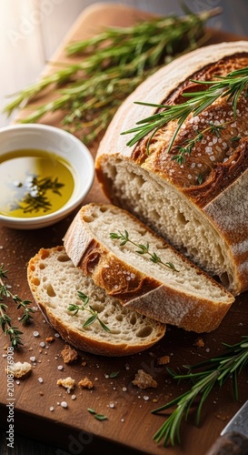 Fresh sliced artisan bread with rosemary herbs and a small bowl of olive oil on a rustic wooden cutting board for a healthy appetizer