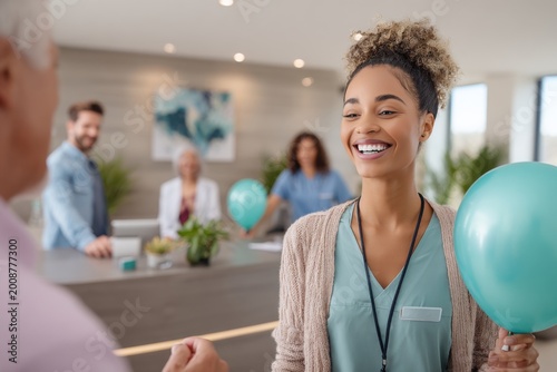 Happy Caregiver Holding Balloon Greets Senior Patient with a Smile in Assisted Living Facility
