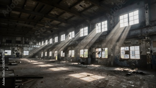 Sunbeams shining through large windows of an old abandoned industrial warehouse interior with dust particles