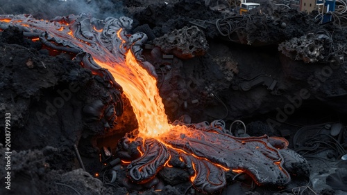 Flow of incandescent volcanic lava cascading over dark rock and industrial debris