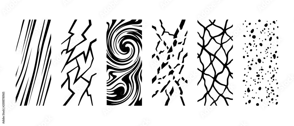 © Dinali - Abstract Black Patterns Set, Geometric Graphic Designs for Creative Backgrounds, Vector Style Textures including Stripes, Cracks, Swirls, Fragments, Netting and Polka Dots for Modern Branding and Prin