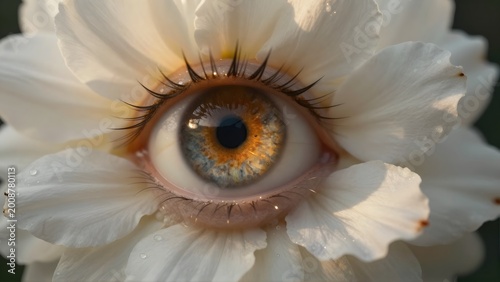 Surreal Flower with Human Eye at Center with White Petals and Cinematic Lighting