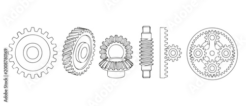 Photos Mechanical Gear Set Collection Technical Outline Icons for Engineering and Indus