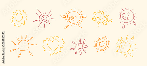 Chalk doodles of yellow, red, and orange naive sun icons. Child's drawing, pencil crayon drawing of the sun. Hand-drawn chalk drawing. Children's elements for kindergarten decoration summer background