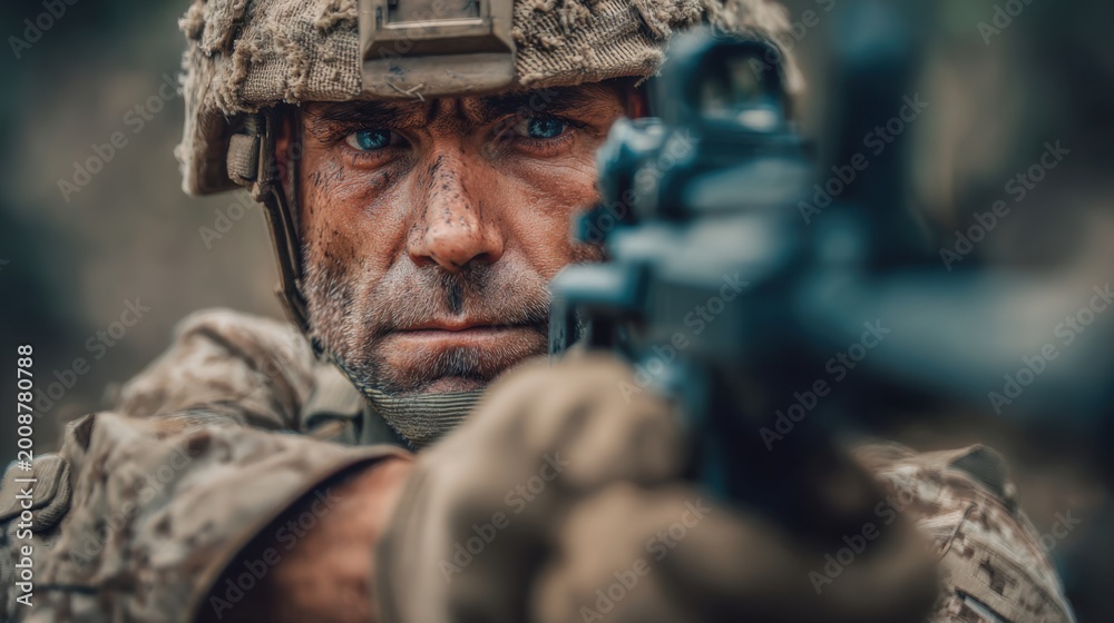 Fototapeta premium Intense Close-Up of Determined Soldier Aiming Rifle in Combat, Focused and Ready