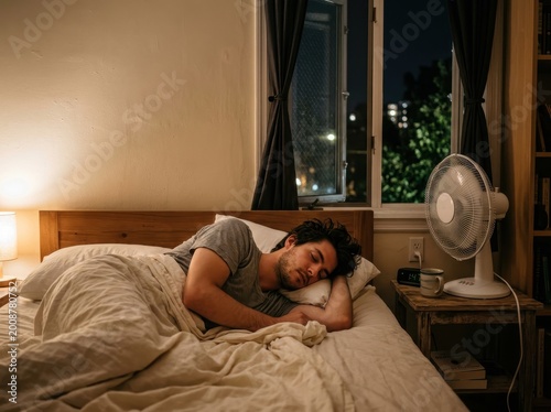 Man sleeping in bed at night with electric fan on bedside table for cooling during hot summer weather time