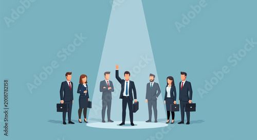 Schilderij op canvas Leader standing in spotlight surrounded by colleagues showing recognition and appreciation for outstanding performance and talent in team