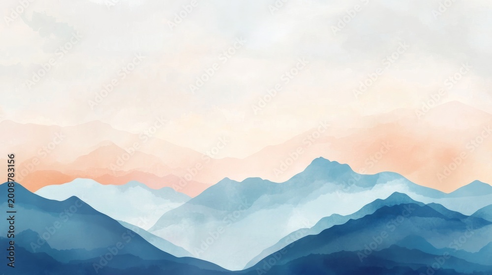 Naklejka premium Mountains and hills in soft colors at sunrise with a gentle fog covering the valleys in the early morning light