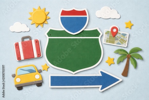 Colorful travel-themed cutout icons including a highway sign, sun, clouds, car, suitcase, palm tree, map with a location pin, stars, and a direction arrow.