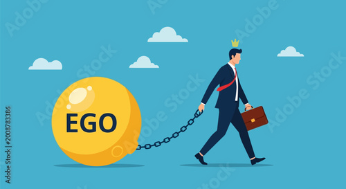 Photos Stressed businessman dragging heavy yellow sphere labeled ego while walking forward with leather briefcase in corporate environment flat design vector illustration