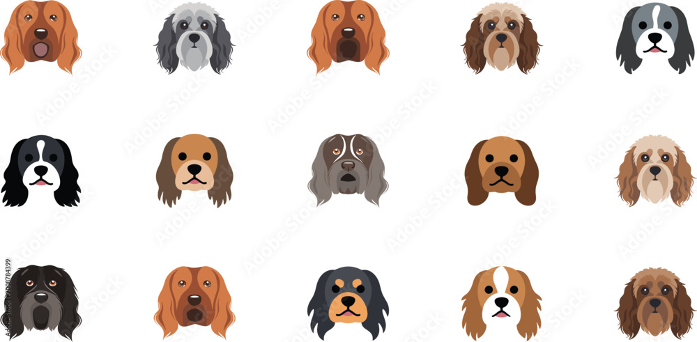 Fototapeta premium Dog breed face icon set, spaniel and retriever cartoon portraits, cute domestic pet head collection vector illustration