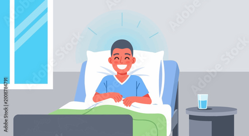 Εκτύπωση καμβά Happy young patient recovering in hospital bed, smiling with good health and recovery