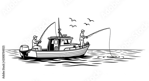 Photos Fishing Boat with Two Fishermen on Calm Water.