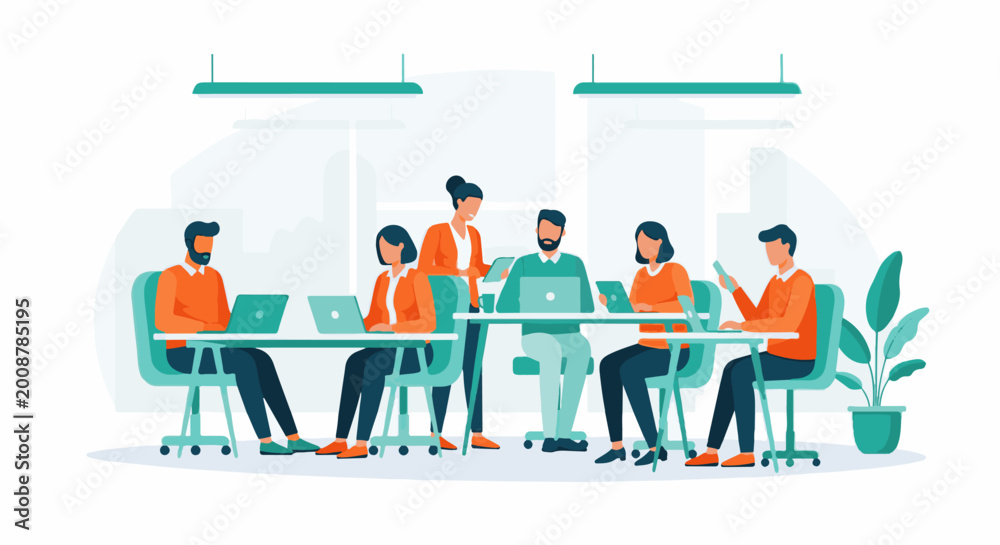 Naklejka premium A diverse team collaborates on laptops at a modern office desk