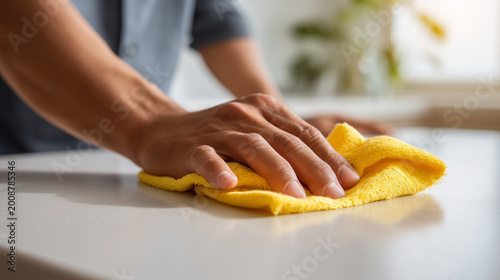 Close-up of hand wiping table with yellow cloth, removing dust and dirt, household cleaning concept.