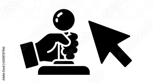 Hand holding a retro joystick with a computer mouse cursor icon