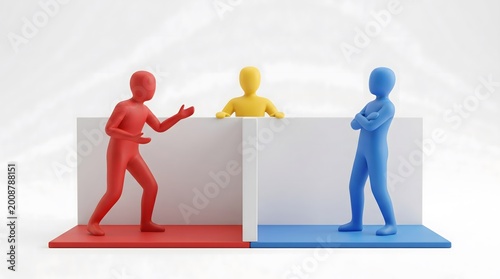 3D minimalist render of red and blue characters separated by a wall, with a yellow figure mediating. Conceptual illustration of conflict resolution, mediation, and business negotiation.