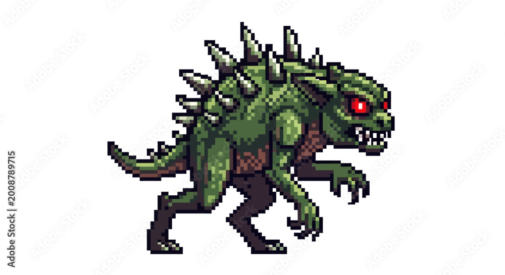 Fototapeta premium Pixel Art Green Monster Creature Spiky Back Red Eyes.