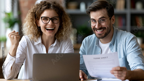 A couple of co-founders sign a term sheet at a sunlit kitchen table, one celebrating openly while the other reads fine print with visible hesitation, ideal for Series A funding, founder dynamics, an