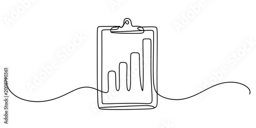 Continuous one line drawing of a clipboard with bar chart