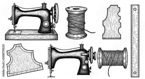 Εκτύπωση καμβά Vintage Sewing Machine Spool of Thread and Ruler Illustration.