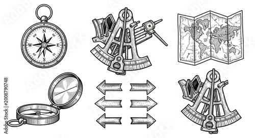 Valokuva Vintage navigational tools and map illustration.