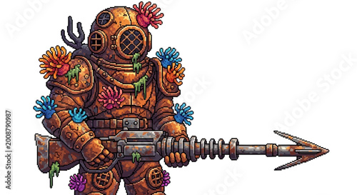 Vintage Diver with Harpoon Gun and Coral Growth.