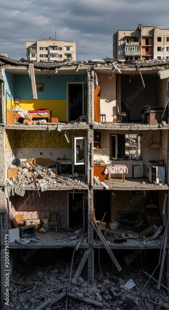 Fototapeta premium Destroyed Apartment Building Interior Exposed After Attack