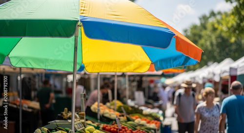 Colorful market umbrella over fresh produce stalls, symbolizing outdoor market vibrancy, fresh food, and community gathering