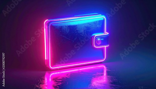 A vibrant neon wallet glows against a dark background, reflecting a cool pink and blue light